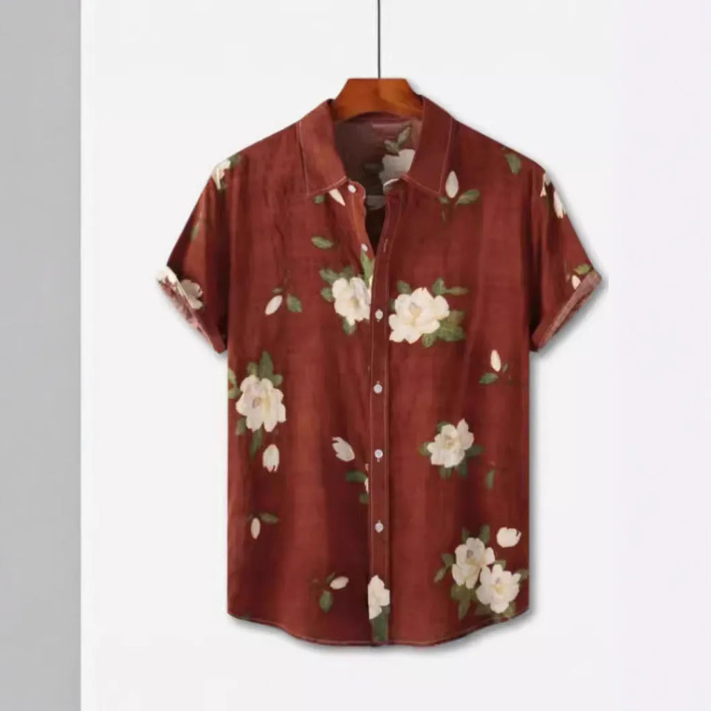 Hawaiian floral print short sleeve cardigan shirt with lapel collar in an elastic polyester fabric.