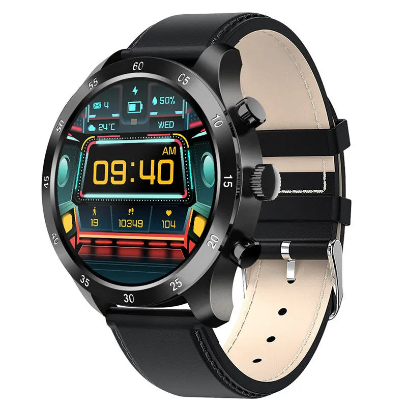 Black Bluetooth smartwatch with steel strap showing call interface and health metrics on screen.