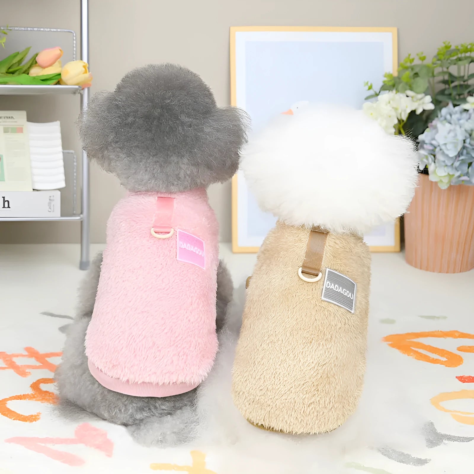 Coral fleece pet legs fluffy jacket with five-colour pull rings, available in multiple sizes and colours