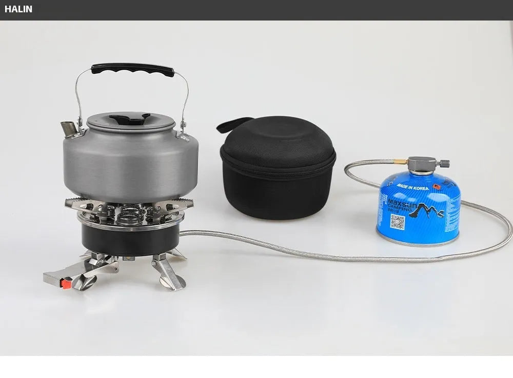 Silver portable split camping stove with stainless steel construction and fuel hose