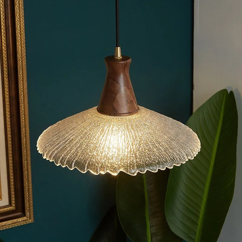 Woodcraft ceiling lamp with glass lampshade and brass electroplated finish in traditional design