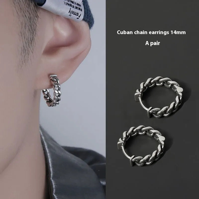 Simple geometric men's silver-tone earrings on a plain background showing front and side views.