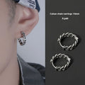 Simple geometric men's silver-tone earrings on a plain background showing front and side views.