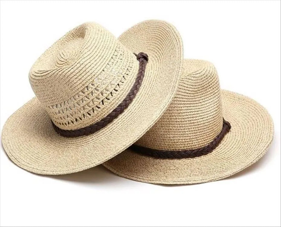 Men's foldable straw sun hat with wide brim in beige colour shown folded and unfolded