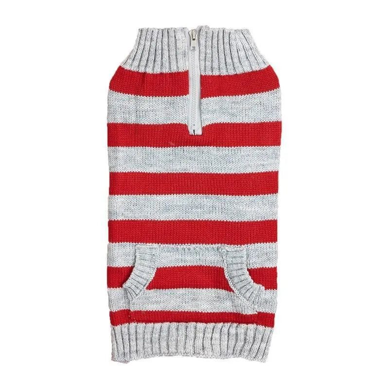 Grey acrylic dog sweater with a horizontal zipper and a button pocket on the side.
