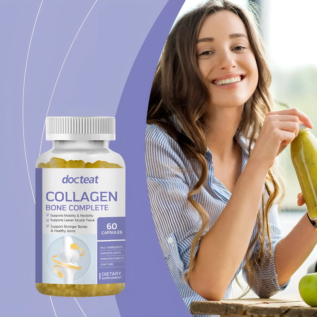 Bottle of collagen capsules with multivitamin ingredients listed, 60 capsules containing marine collagen vitamin C D3 K2 and calcium