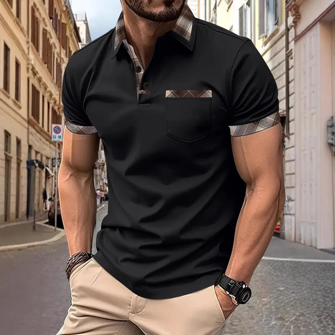 Men's plaid colourblock t-shirt with zipper decoration detail on front