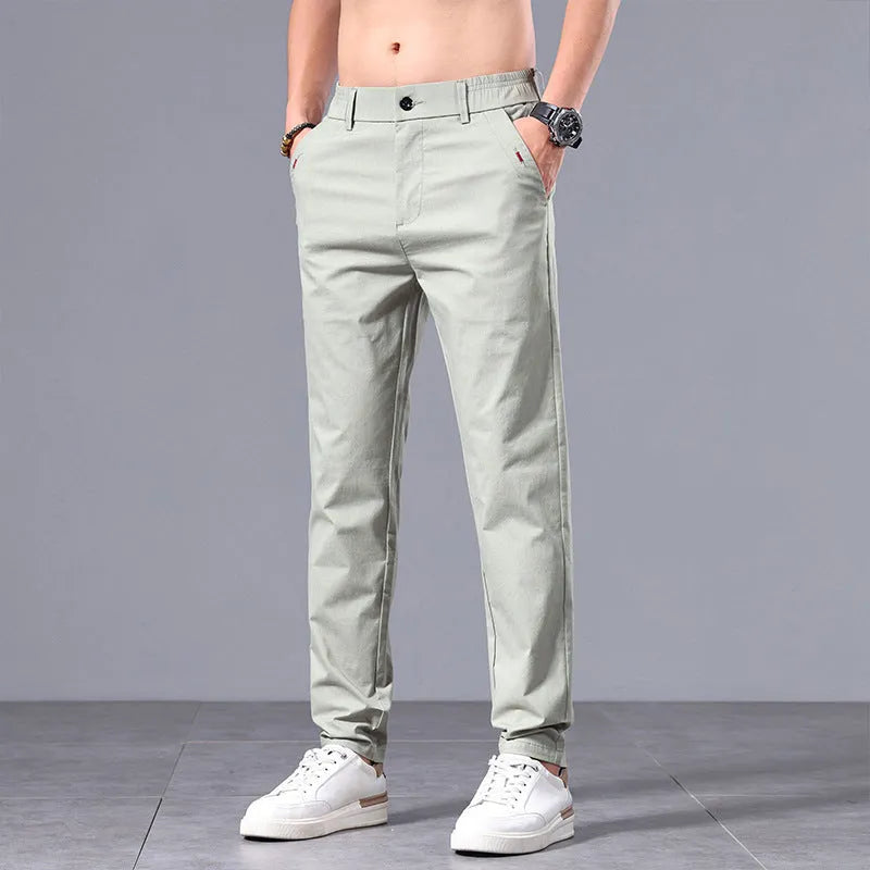 Men's straight slim fit cotton business casual trousers in light khaki