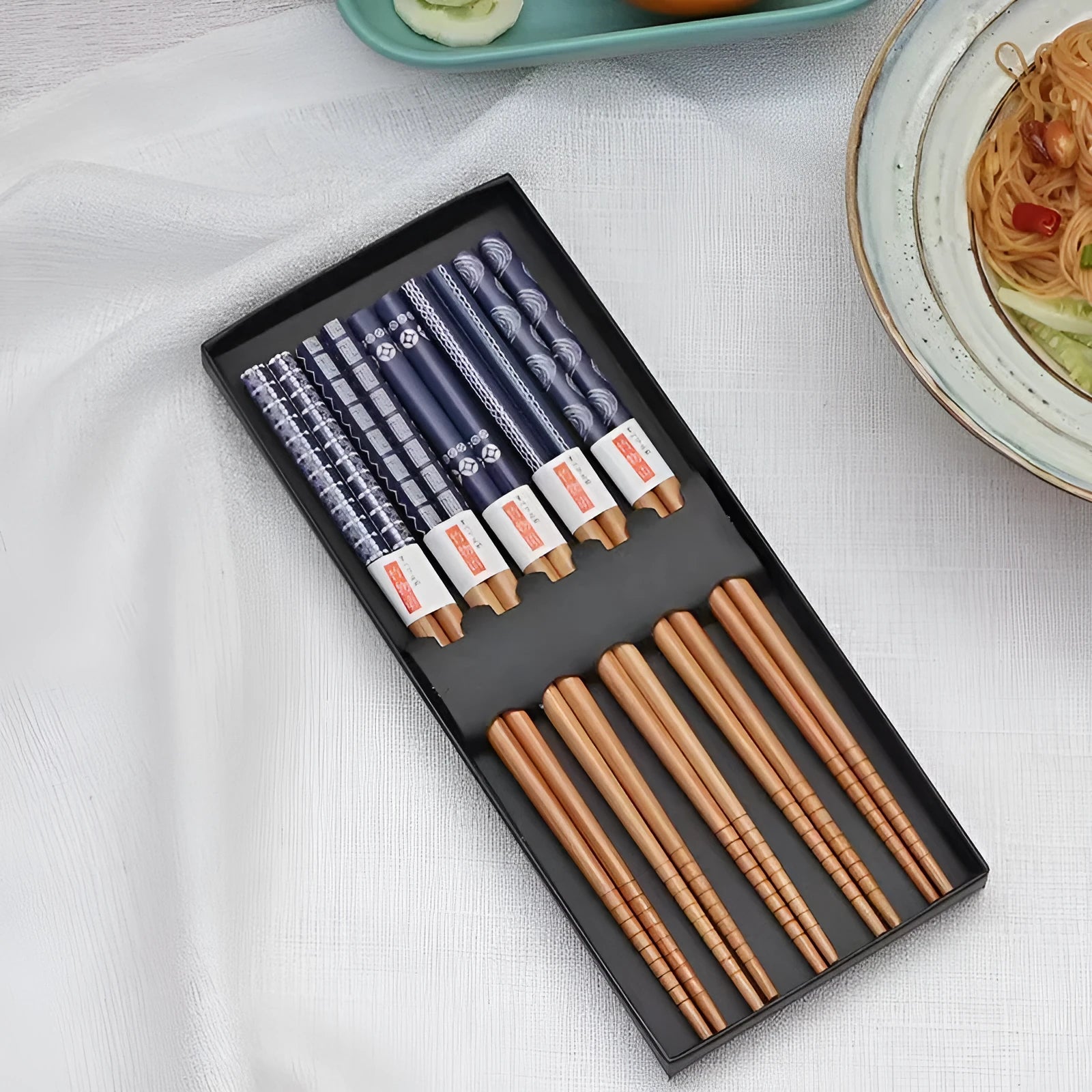 Japanese style bamboo chopsticks set with cartoon patterns including lucky cat design, 5 pairs in gift box packaging
