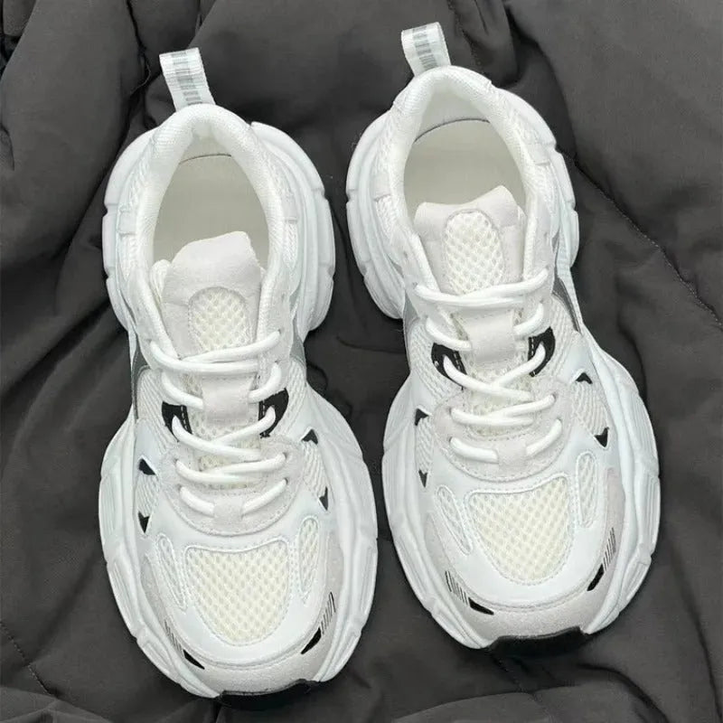 Polar Wave beige mesh platform sports shoes with a wedge heel and lace-up front.