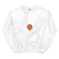 White hooded sweatshirt with letter print, side pocket, and long sleeves on a hanger.