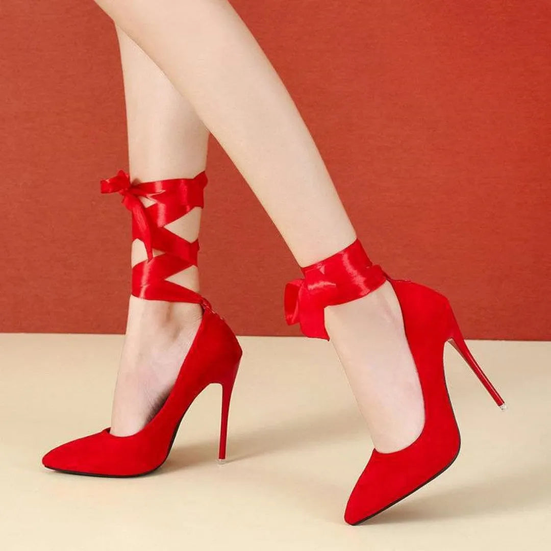 Pointed toe PU shoes with flat buckle strap in black or red, 10cm or 12cm heel height, sizes 35-45