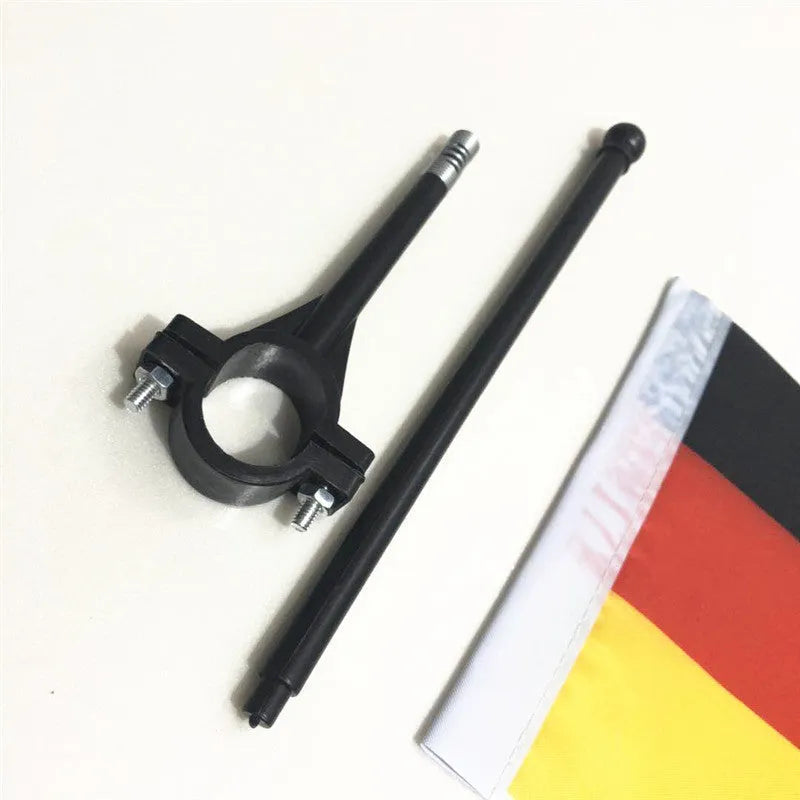 Square polyester flag on plastic pole for handlebar mounting as promotional display