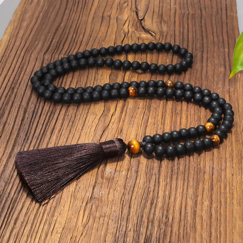 108 stone tigereye yoga beaded bracelet necklace set with tassel pendant