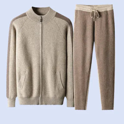 Men's cashmere wool blend cardigan suit with half turtleneck and matching trousers in winter colours