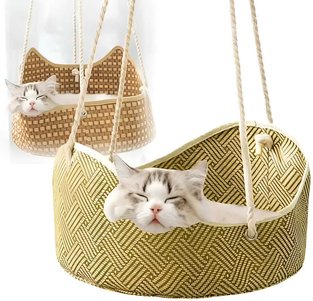 Breathable cat hammock made of rattan and bamboo with metal hooks for indoor outdoor use, 40x20cm