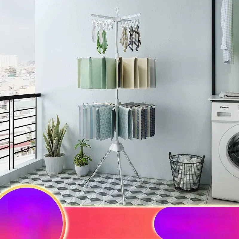 Stainless steel three-tier laundry drying rack with plastic clips and an integrated clothes hanger.