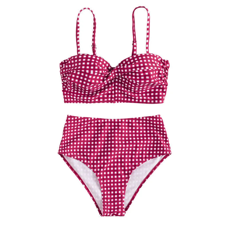 Women's high-waisted plaid bikini swimsuit in rose red, shown as a top and briefs set.