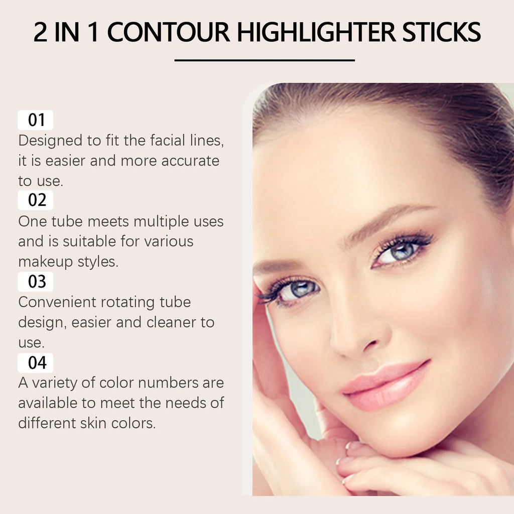 2-in-1 outline highlighter dual-ended contour stick 7g in four colour shades on white background