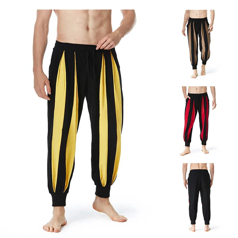 Men's straight-leg casual trousers in brown, khaki, red, or yellow for spring wear.