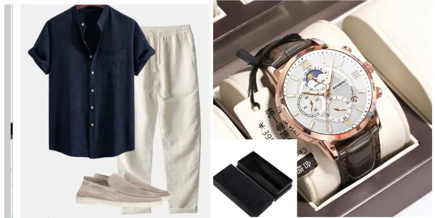 Men's stand collar slim-fit digital print short-sleeved shirt in blue set, with matching trousers, shoes, and watch