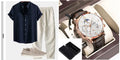 Men's stand collar slim-fit digital print short-sleeved shirt in blue set, with matching trousers, shoes, and watch