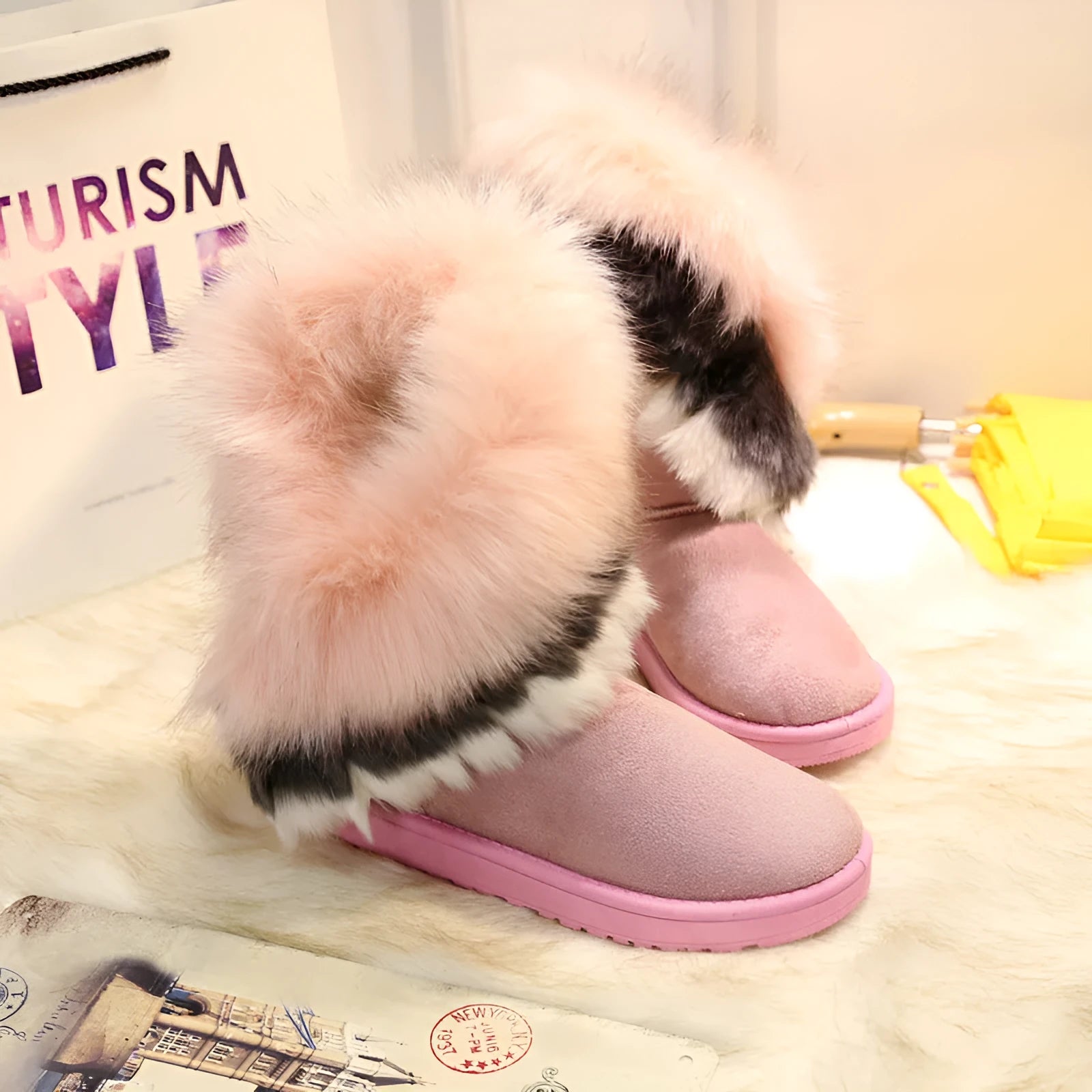 Women's winter snow boots with thick fluffy fox fur trim, non-slip rubber sole, and waterproof suede upper in colour options including black and green.