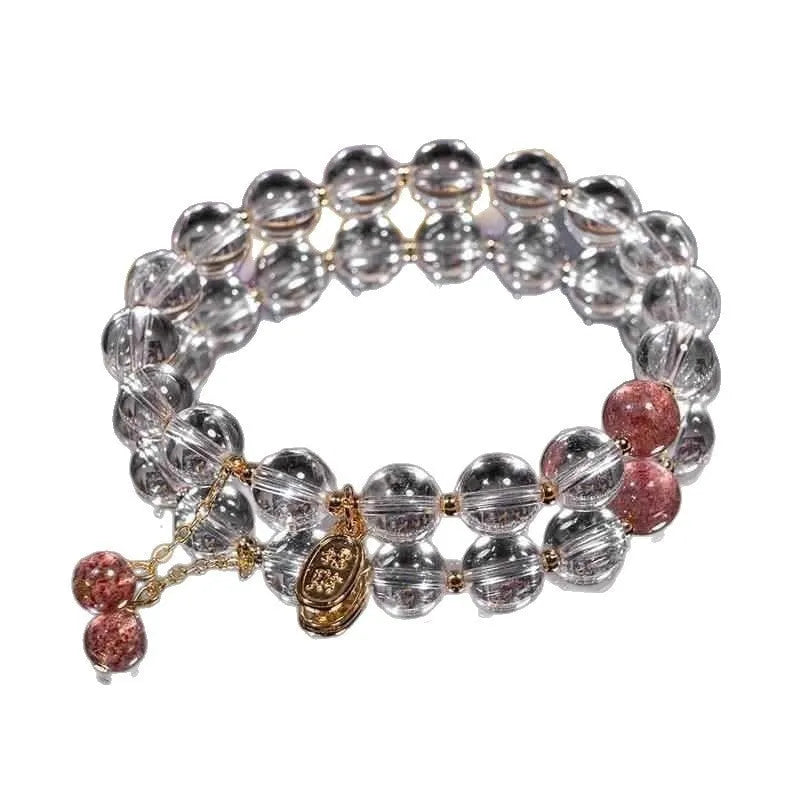 Natural white crystal lucky fortune bracelet with 8mm beads on a white background