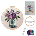 Purple lily flower embroidery on 28x28cm cotton linen fabric with imitation bamboo stand