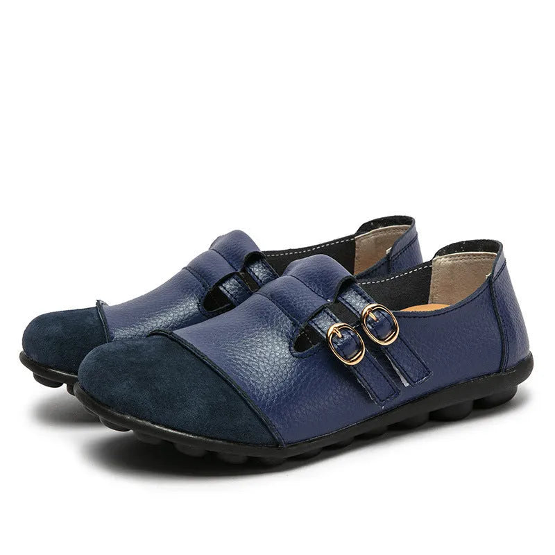 Casual leather flat shoes with Velcro fastening in black with round toe design