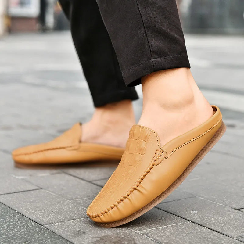 Men's black summer semi-slippers with breathable artificial PU upper and rubber sole