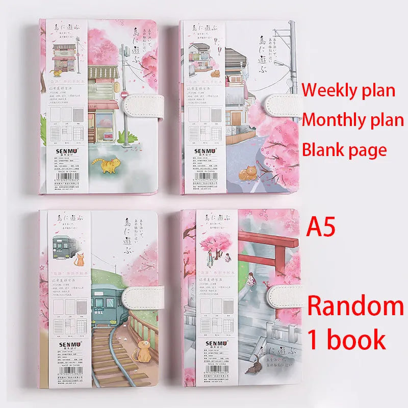 A5 wire-bound retro handbook with full colour page illustrations, pen included, nostalgic design with assorted cover colours