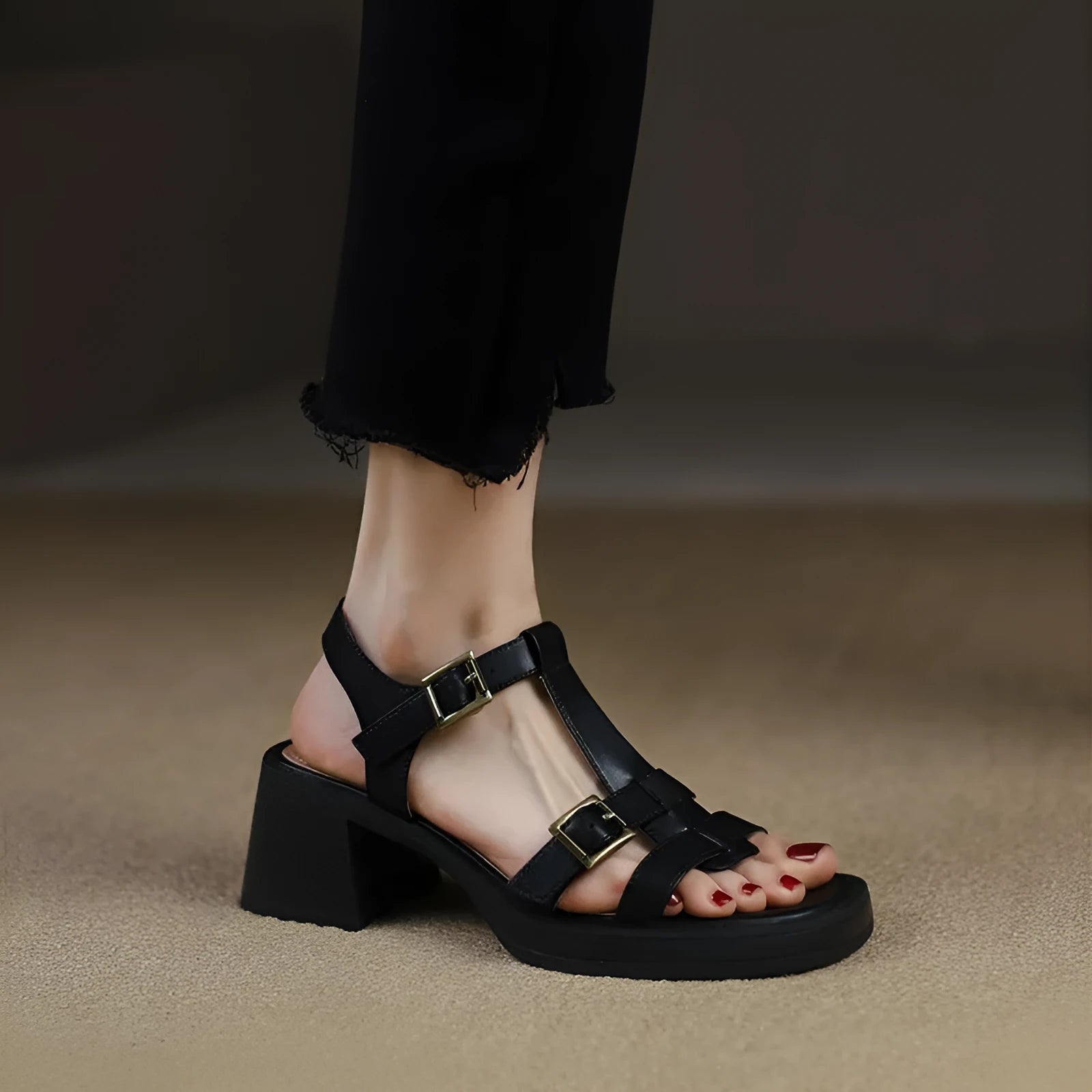 Women's black retro chunky heel sandals with T-buckle, open toe, square toe, and platform sole