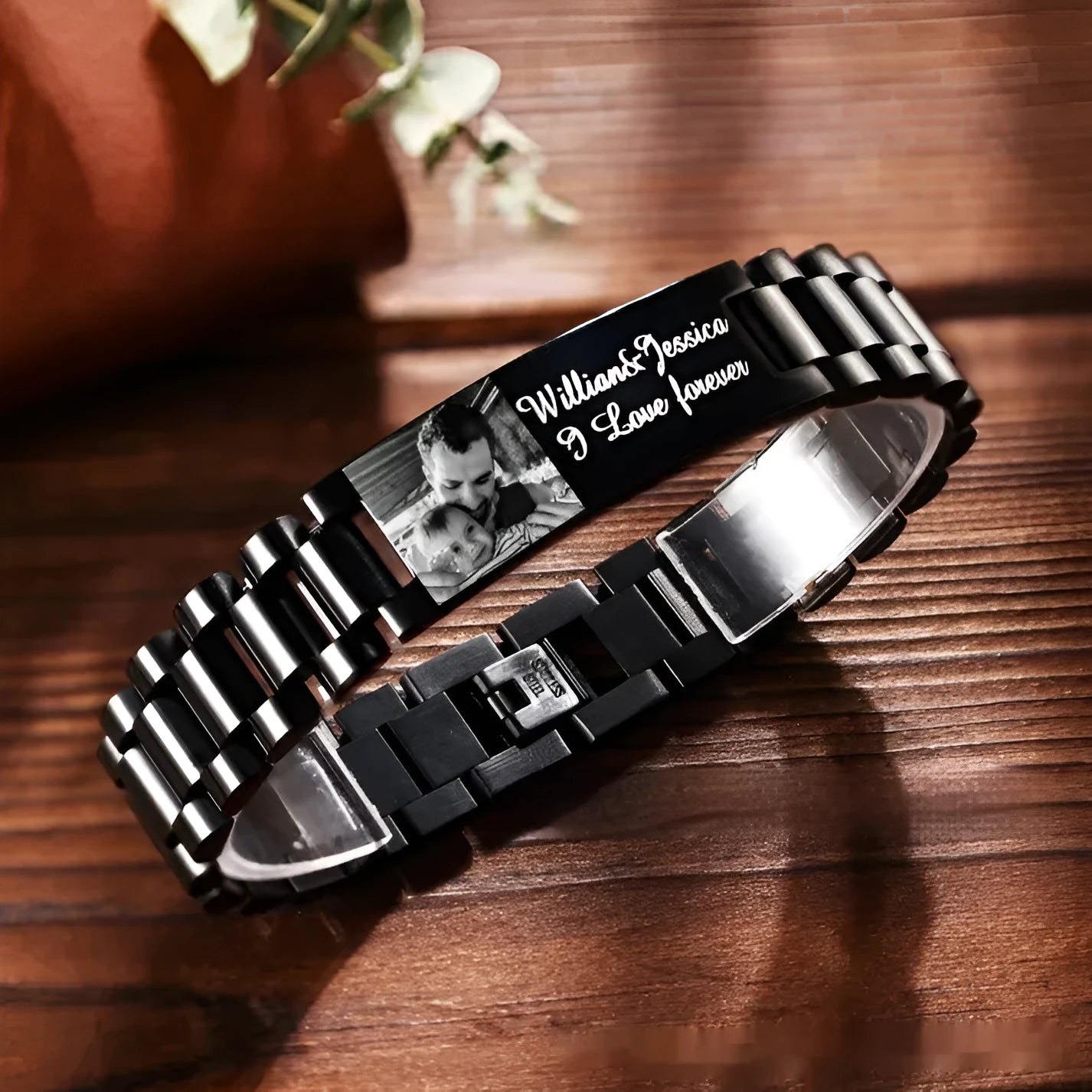 Titanium steel bracelet with curved heart shape and engraved commemorative lettering