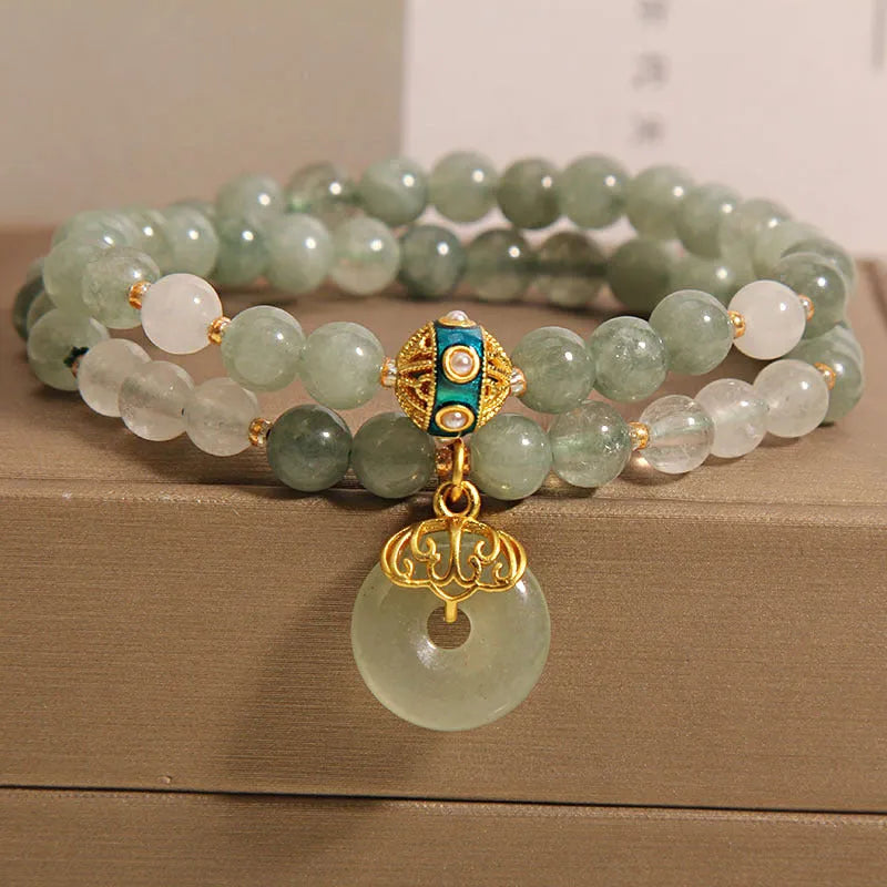 Women's aventurine double-layer crystal bracelet with peace buckle clasp in oil green jade colour