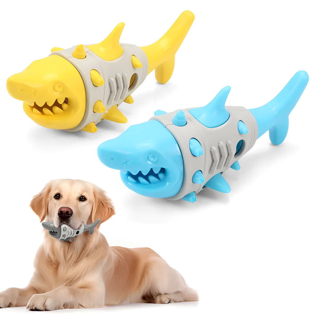 Dog teething leaky toy in blue with shark-tooth texture and bite-resistant material