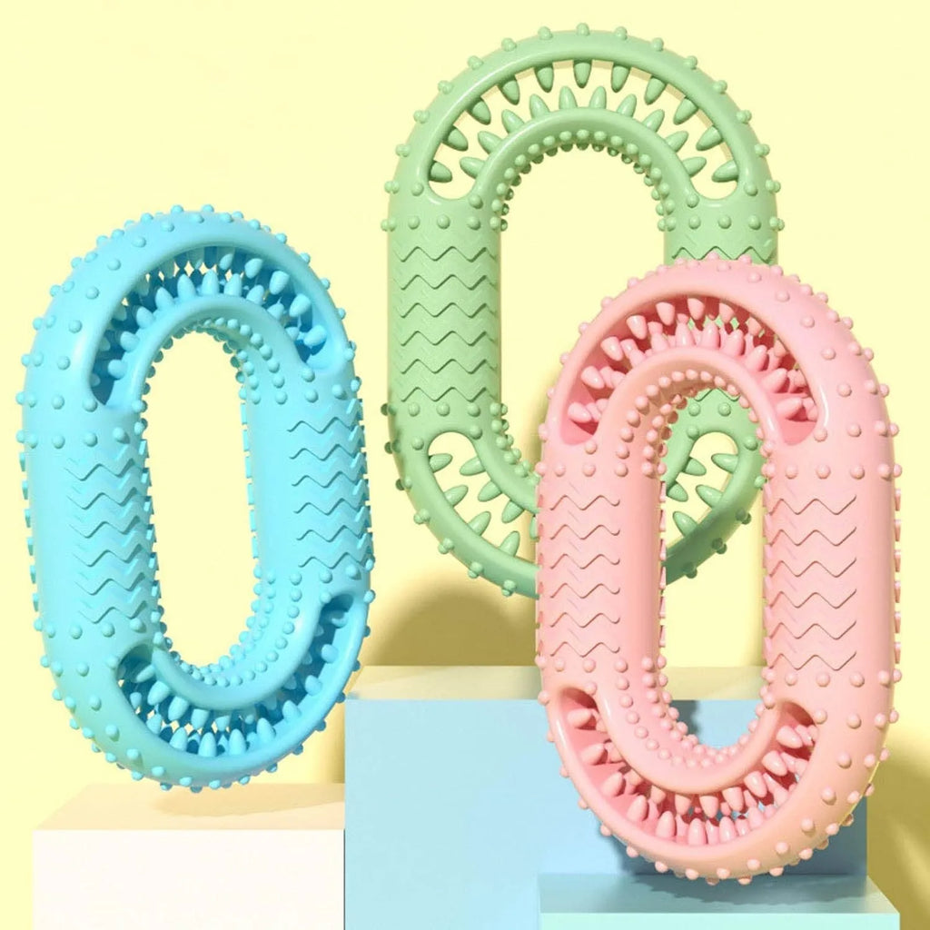 Blue O-ring shaped dog chewing toy for aggressive chewers on white background
