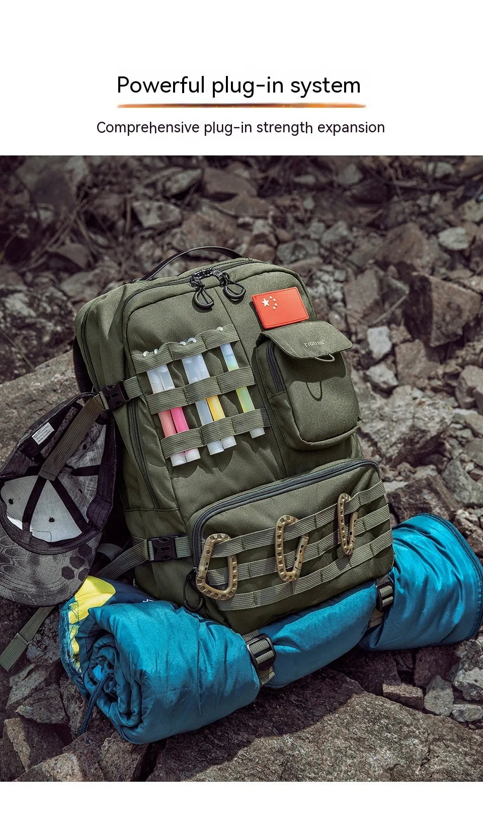 Army green waterproof tactical backpack with 17-inch size and 20-35 litre capacity