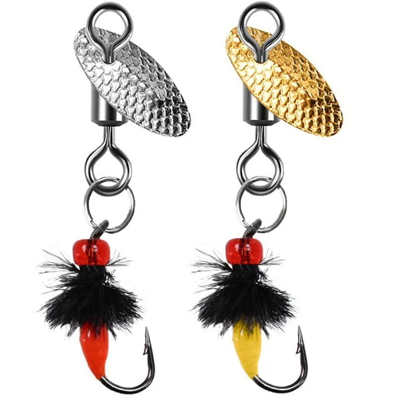 Five bionic fishing hooks with spinning sequins in multicolour mosquito and fly patterns