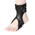 Grey and black ankle fixation brace with airbag button, shown in left and right foot sizes.
