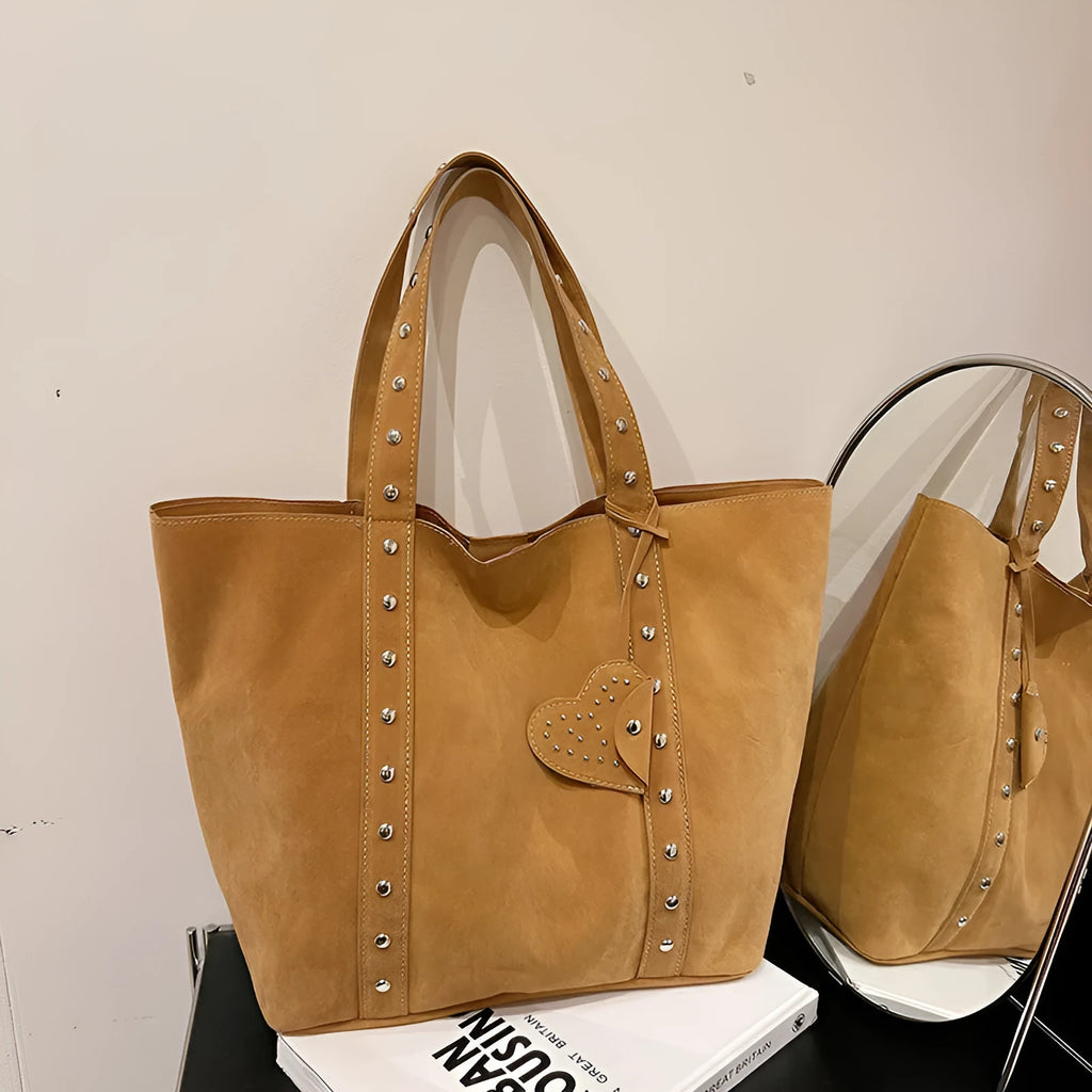 Design rivet hand-carrying tote bag in PU with sandwich pocket, black, 33x14x32cm, horizontal square shape