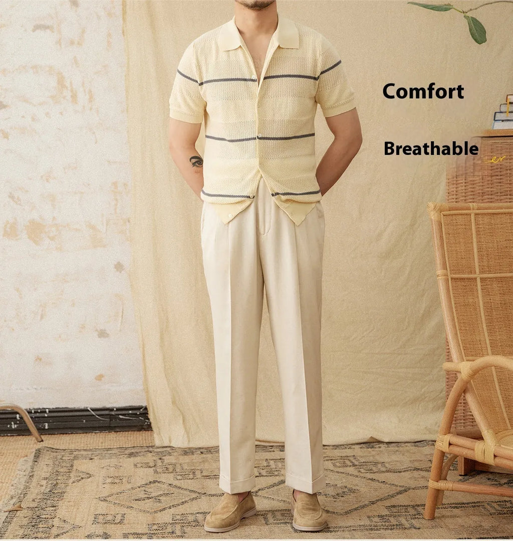 Casual lapel cardigan in camel, short sleeve, cotton linen knit, shown front view