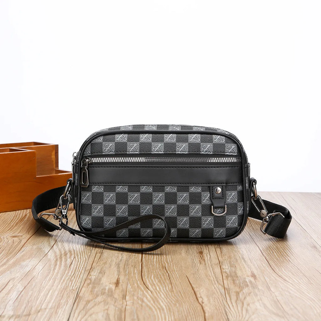 Large capacity men's messenger bag in 2206 Black with geometric pattern PU exterior and handheld design