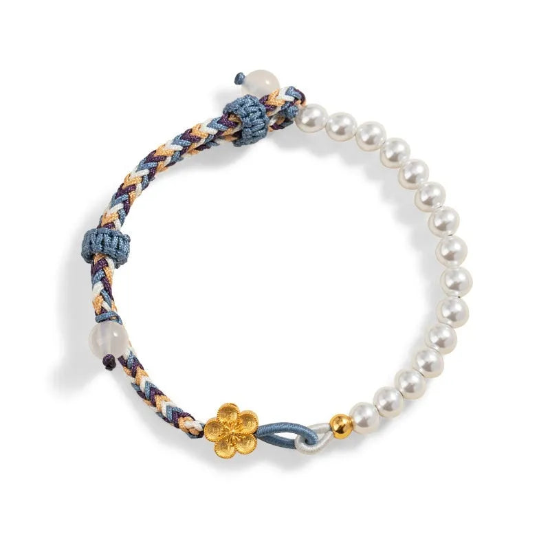 Peach-coloured chalcedony carrying strap bracelet with Chinese flower weaving and pearl accents
