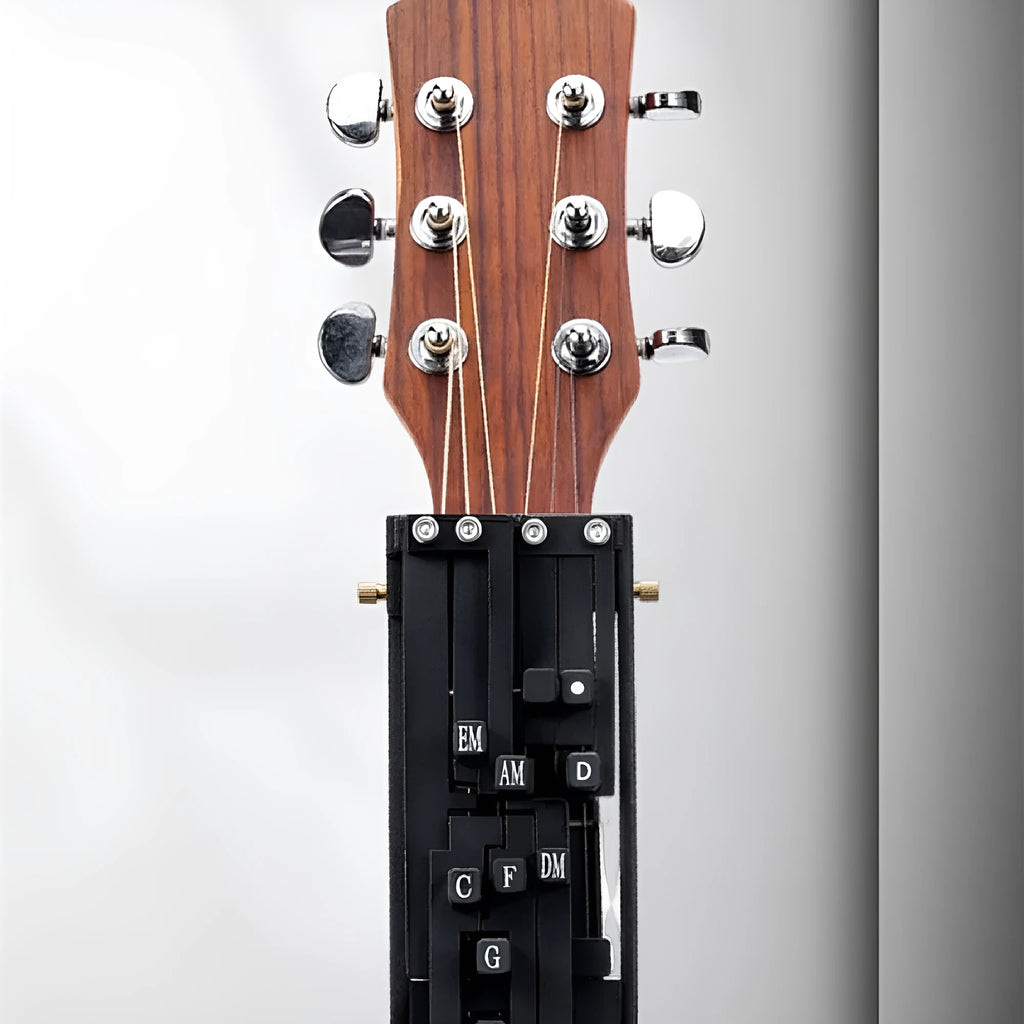 Black guitar chord changer device with automatic gear mechanism for beginner practice