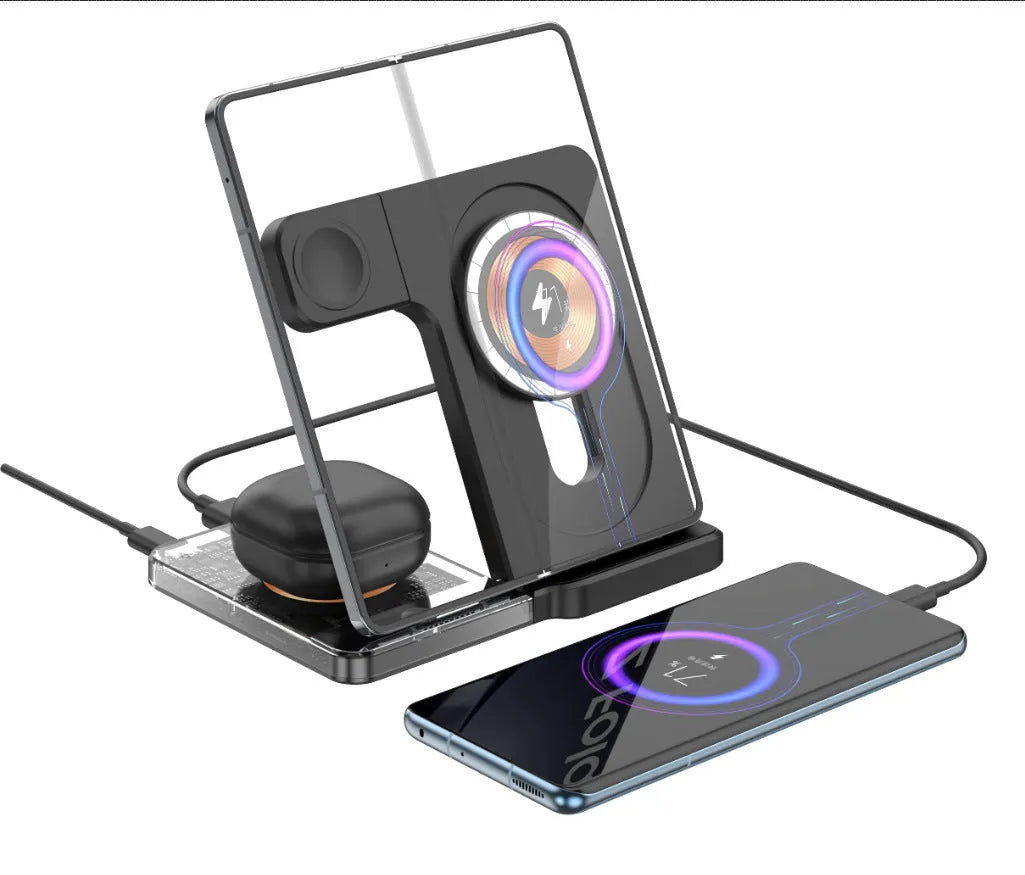 Black foldable magnetic three-in-one wireless charging stand with phone, watch, and earbuds on a desk