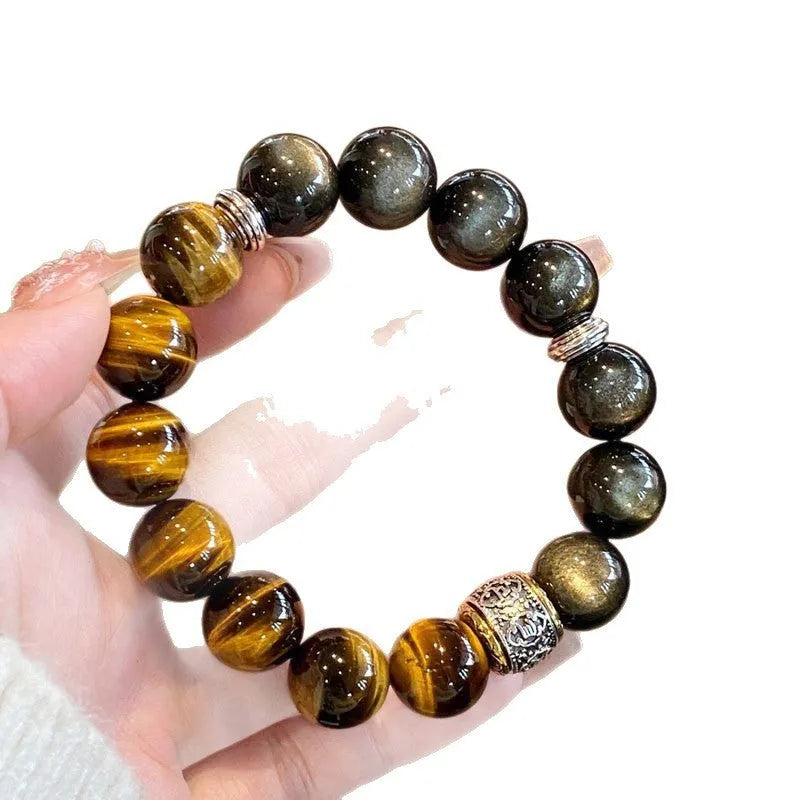 Women's tigereye silver stone double bracelet with gold inlay and U-shaped totem design