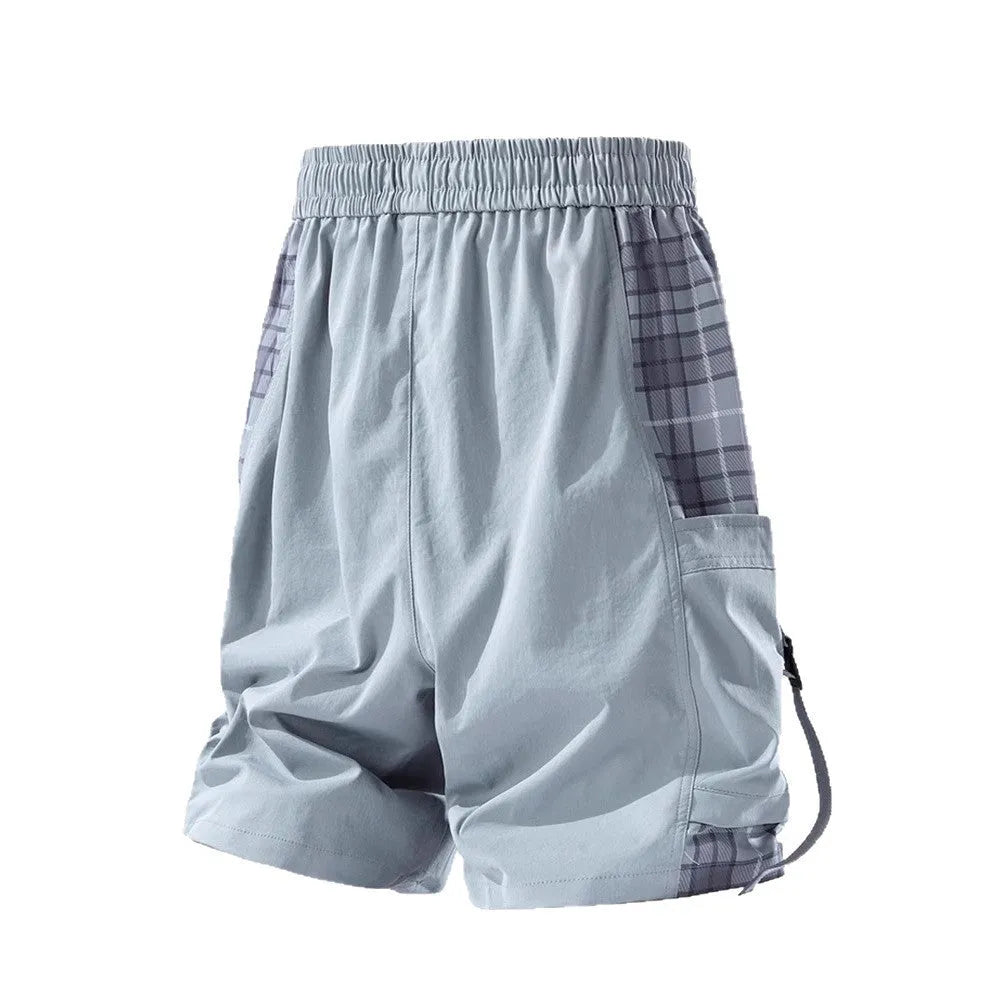 Men's loose cargo shorts with plaid stitching detail in polyester fabric, available in three colour options