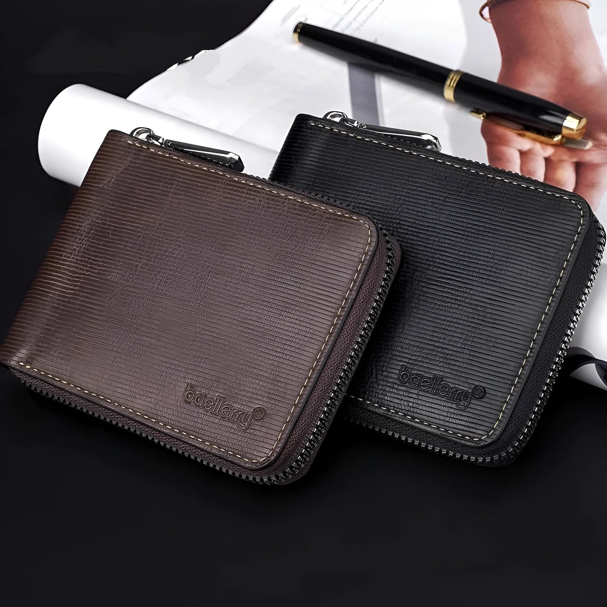 Solid colour PU anti-theft zipper wallet with embossed pattern in black