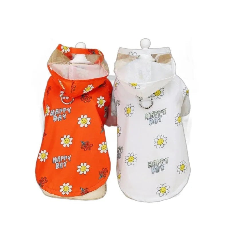 Transparent dog raincoat with pull ring traction, waterproof polyester, small flower pattern orange and white options